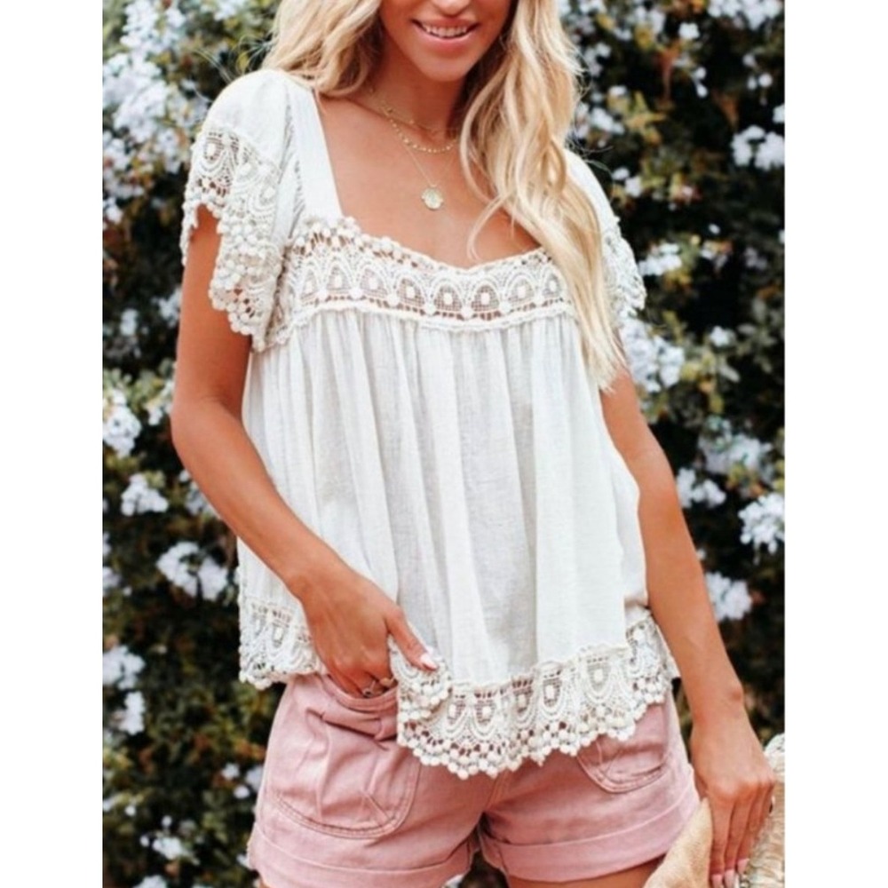 VICI Ivory Cotton Lace Crochet Boho Chic Top XS Romantic Cottagecore Coastal